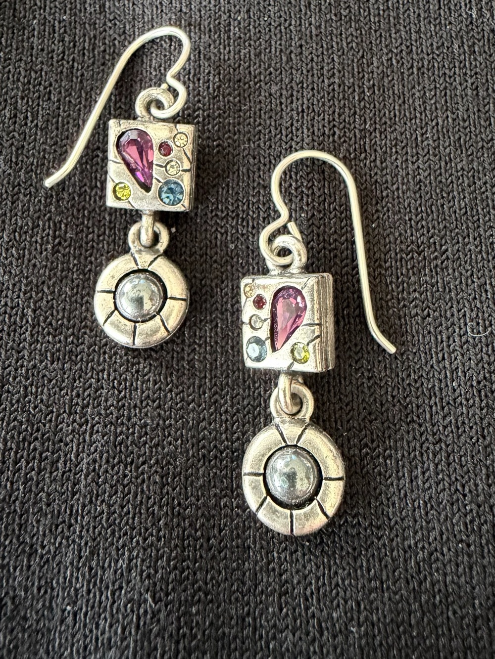 Signed Patricia Locke Silver-tone Dangle Earrings with Multicolor Accents
